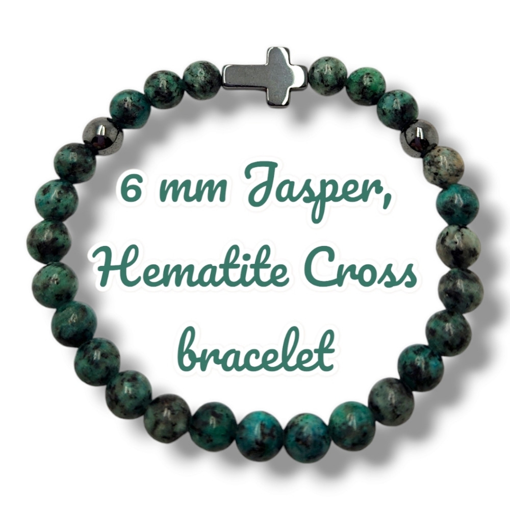 6 mm Jasper , Hematite Cross charm bracelet